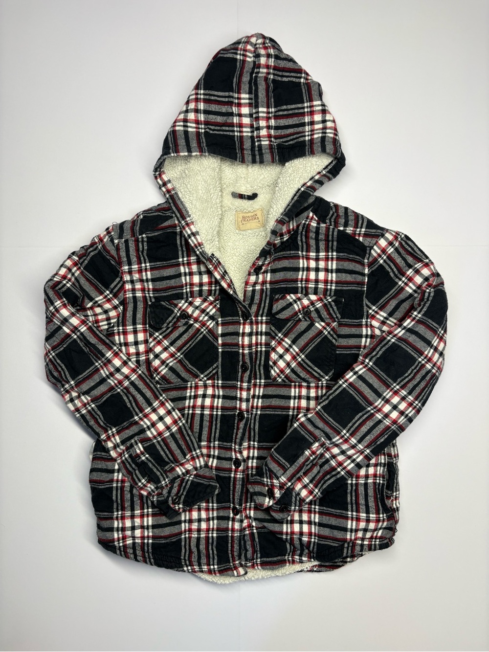 Women’s Hooded Sherpa-Lined Plaid Jacket - Black & Red